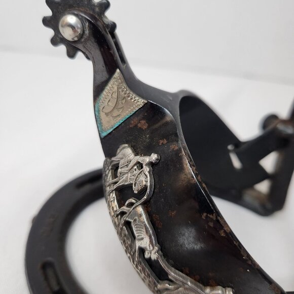 Vintage Western Cowboy Horseshoe W/ Silver Plated Spurs Bookends - Picture 3 of 9
